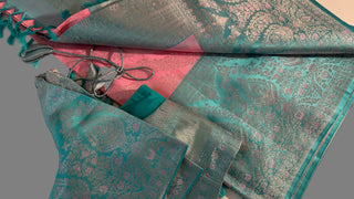 Pink Meenkari pure silk saree silver zari online usa with stitched blouse