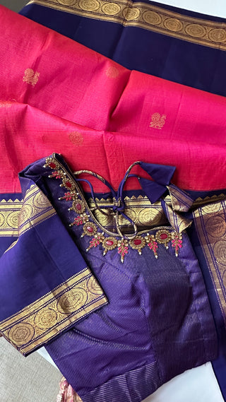 Bright Pink double color  vaira oosi kanchi pattu saree fine weave kanchi pattu bridal