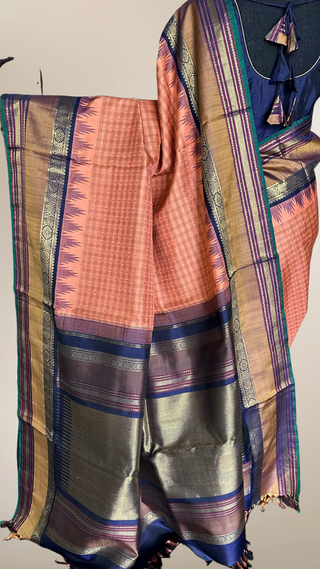 Vintage revival Traditional checks gopuram design temple old world vintage kanchi pattu saree Orange handwoven Kai korvai stitched blouses