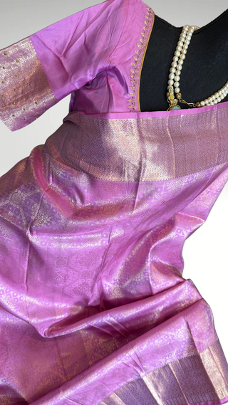Brocade kanjivaram pastel lavender gold zari with stitched blouse traditional kanchi pattusaree saree Indian wedding