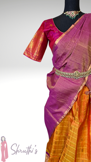 Pure Gadwal Pavadai Langa Dhavani tissue pavadai lehenga with stitched blouse