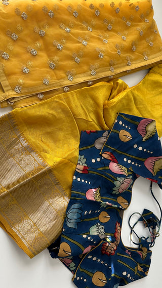 Yellow  Pure Mangalagiri Silk Indian Lehenga hand painted kalamkari blouse with Dupatta