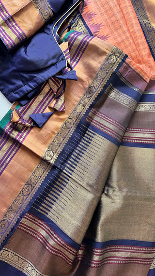 Vintage revival Traditional checks gopuram design temple old world vintage kanchi pattu saree Orange handwoven Kai korvai stitched blouses
