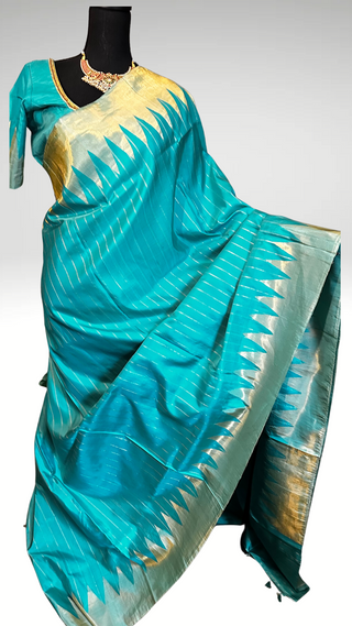 Pure Gadwal silk saree online teal green temple design silk saree Indian wedding saree with blouse online USA pure silk saree