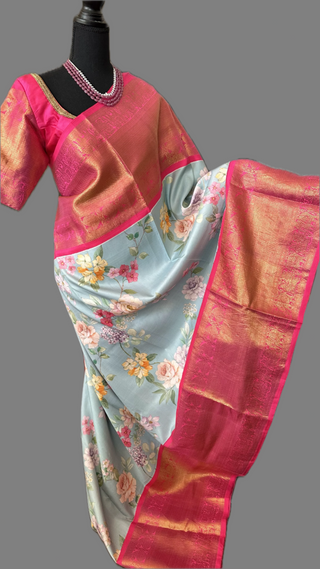 Kanjivaram floral silk printed fusion saree latest sale online usa shopping stitched blouse Indian wedding pastel modern pure zari south silks saree