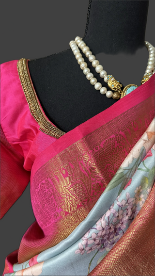 Kanjivaram floral silk printed fusion saree latest sale online usa shopping stitched blouse Indian wedding pastel modern pure zari south silks saree