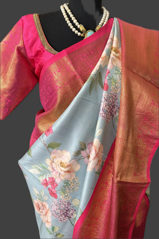 Kanjivaram floral silk printed fusion saree latest sale online usa shopping stitched blouse Indian wedding pastel modern pure zari south silks saree
