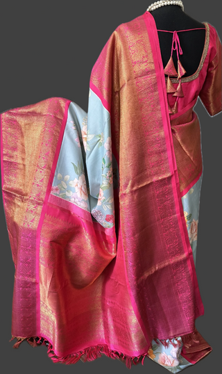 Kanjivaram floral silk printed fusion saree latest sale online usa shopping stitched blouse Indian wedding pastel modern pure zari south silks saree