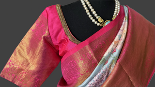 Kanjivaram floral silk printed fusion saree latest sale online usa shopping stitched blouse Indian wedding pastel modern pure zari south silks saree
