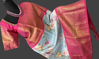 Kanjivaram floral silk printed fusion saree latest sale online usa shopping stitched blouse Indian wedding pastel modern pure zari south silks saree