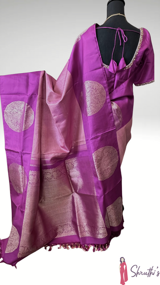 Deep Magenta  Tissue checks  Traditional Pure Silk Kanjivaram Pattu – Old World Charm with Stitched Embroidered Blouse | Ready to Wear Pure Silk Saree for Women – Indian Bridal Online USA