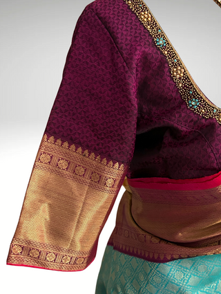 Traditinal Indian Bridal Sea Green  purple brocade  hand woven Gold kanchi pattu saree brocade fine weave kanchi pattu bridal
