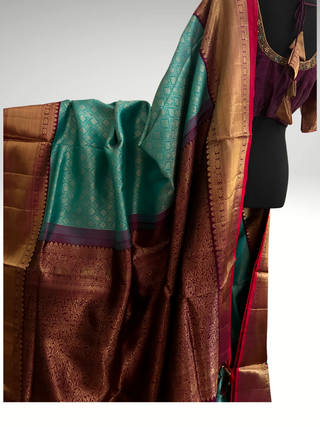 Traditinal Indian Bridal Sea Green  purple brocade  hand woven Gold kanchi pattu saree brocade fine weave kanchi pattu bridal