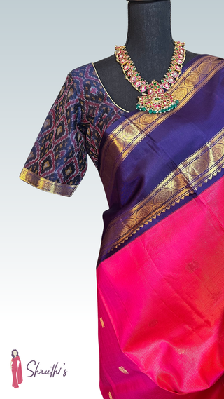 Pink double shade vaira oosi Kanchivaram pure silk saree with prestitched blouse, handcrafted quality, available for worldwide delivery.