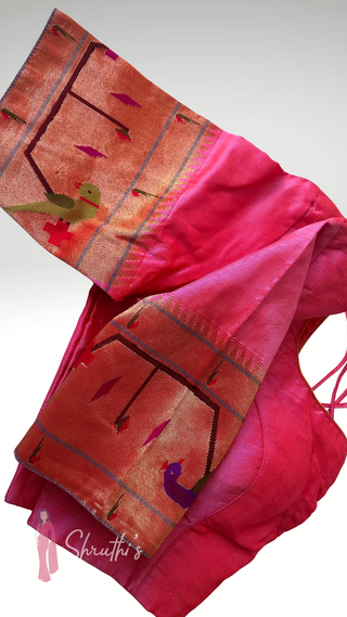 Deep pink Paithani silk blouse with zari peacock motifs and borders
