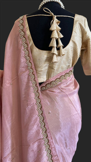 Tissue organza with scallop borders embroidered borders pure silk pastel saree online usa with brocade blouse