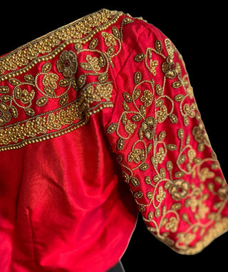 red and gold hand embroidered ready made blouse online