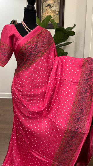 gajji silk saree ponk bandhani madhubani print saree usa satin silk saree usa pink bandhani saree usa 