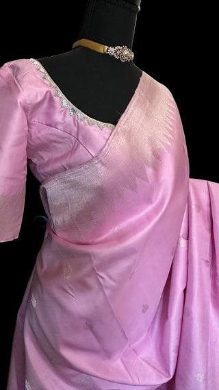 pastel pink silver zari kanchi kanjivaram pattu saree online usa