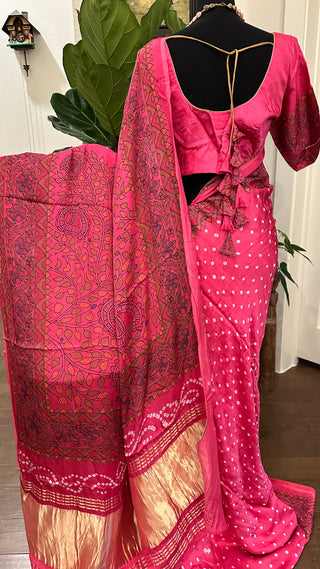 gajji silk saree ponk bandhani madhubani print saree usa satin silk saree usa pink bandhani saree usa