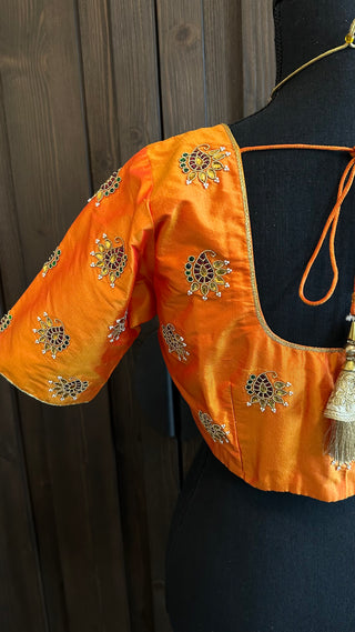 Orange Hand embroidered silk blouse readymade usa online