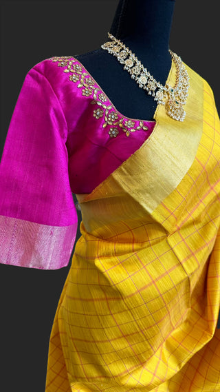 Pure raw silk saree with stitched blouse usa online pure silk saree yellow saree online usa sare with zari borders pure yellow silk saree checks saree online usa 