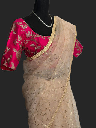 Organza saree with contrast blouse pink blouse gold zari white organza saree beige organza saree online usa