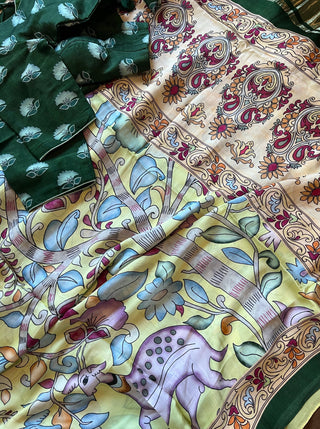 Kalamkari printed gajji  silk saree with Printed zari and pallu prestitched blouse