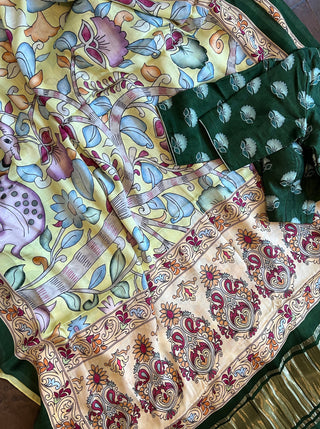 Kalamkari printed gajji  silk saree with Printed zari and pallu prestitched blouse
