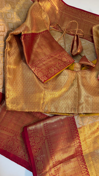 Gold Tissue Red Brocade Pure silk pattumuhurtam saree pure zari Kanjivaram silk saree with prestitched blouse embroidered blouse