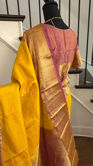 ) Handloom Pure kanchi Yellow fine checks vairaoosi pure zari kanjivaram silk saree blouse and pallu indian wedding silk saree online usa