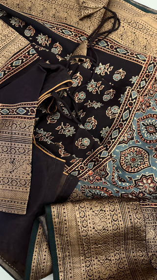 Handloom ajarakh hand block print with kanjivaram zari borders easy drape saree pallu silk with stitched blouse