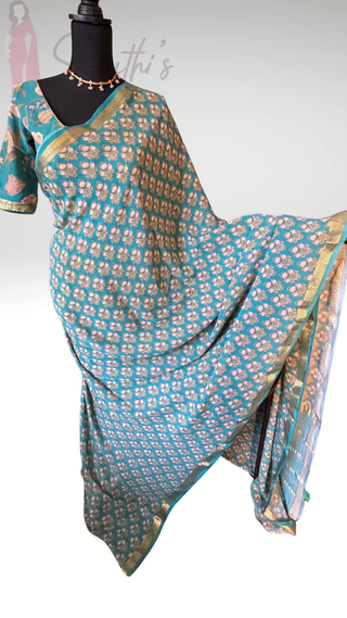 Floral sarees pastel partywear saree  teal Georgette  silk zari borders saree stitched blouse