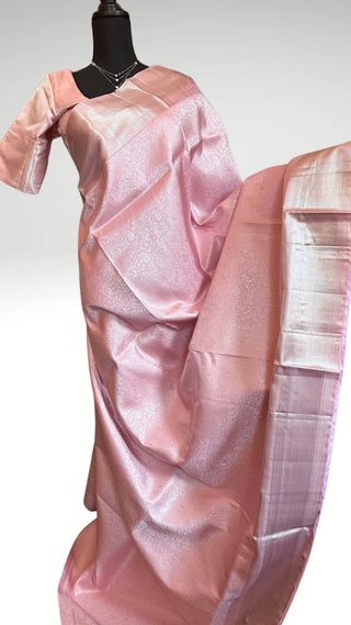 Pastel pink kanjivaram silver zari wedding saree online brocade silk latest sale 