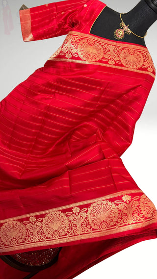 Red Chili Handloom Banaras raw mango silk Pure Silk Saree with Gold Zari Border – Ready to Wear Online USA
