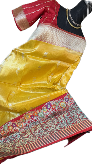 Banaras Pure yellow Tissue Silk Saree with silver  Zari Border – Ready to Wear Online USA