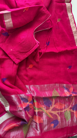 Handloom pure linen saree with Jamdhani  blouse pallu ready to wear blouse ships from Dallas partywear easy drape summer weaves