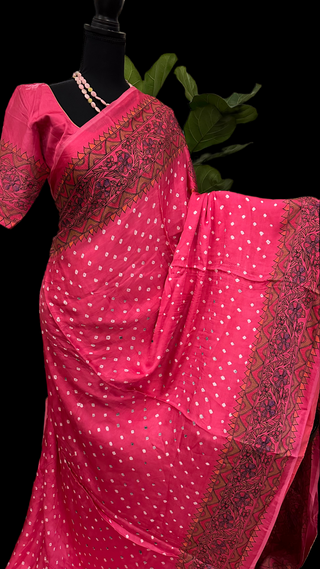 Pink Kalamkari gajji Satin crepe silk saree with stitched  blouse