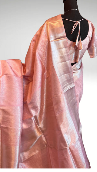 Pastel Pink Brocade kanjivaram silver zari with stitched blouse.