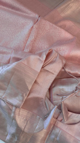 Pastel Pink Brocade kanjivaram silver zari with stitched blouse.