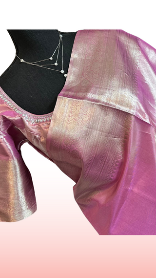 Pure Silver zari Tissue Kanchi Pattu saree with stitched blouse online shopping usa pastel silver zari kanjivaram