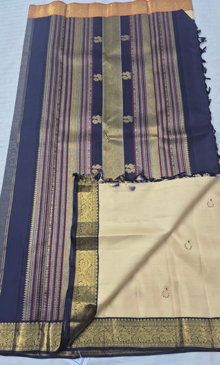 Vintage Revival Pallu Pure kanjivaram Ven Pattu Pastel beige Kanchi pattu saree gold zari Indian wedding bridal white saree pure silk saree with hand embroidered stitched blouse usa online shopping Ganga Jamuna border saree