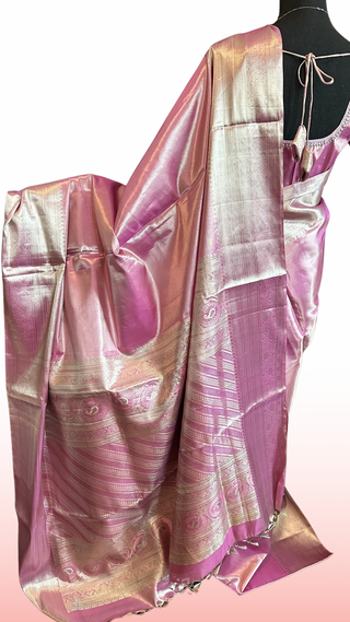 Pure Silver zari Tissue Kanchi Pattu saree with stitched blouse online shopping usa pastel silver zari kanjivaram