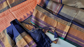 Vintage revival Traditional checks gopuram design temple old world vintage kanchi pattu saree Orange handwoven Kai korvai stitched blouses