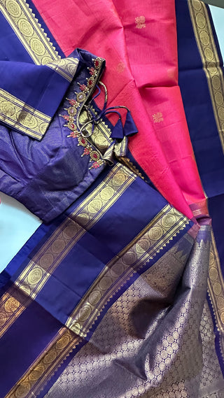 Bright Pink double color  vaira oosi kanchi pattu saree fine weave kanchi pattu bridal