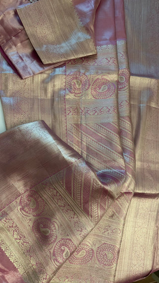 Pure Silver zari Tissue Kanchi Pattu saree with stitched blouse online shopping usa pastel silver zari kanjivaram
