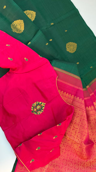 Pure Kanjivaram Handloom pure silk Bottle green pink Handloom silk saree pure zari  Muhurtam Wedding Saree with ready to wear ship Blouse Online USA