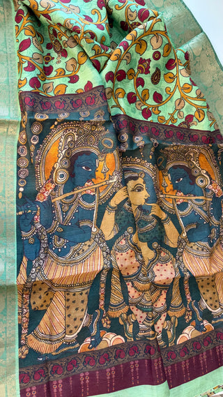 Handwoven pen kalamkari printed of kind silk saree  online and prestitched blouse