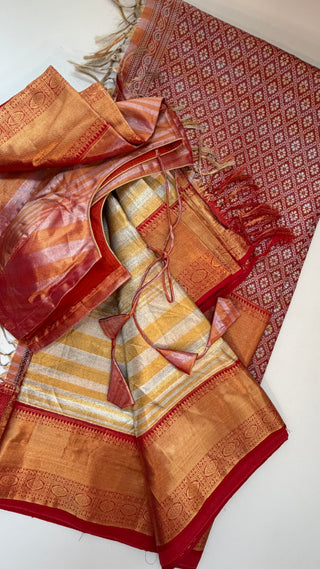 Gold Tissue red border Kanjivaram kalyana pattu ven pattu pure zari Pellicheera beige silk saree bridal with stitched hand embroidered blouse design USA Ratnamala vintage gold saree