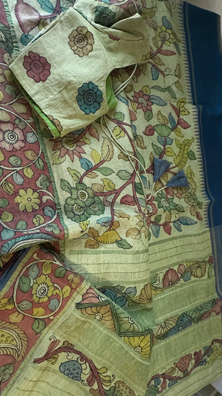 Pure pen kalamkari green pure kanchi pattu saree  yellow pen kalamkari saree with blouse online usa